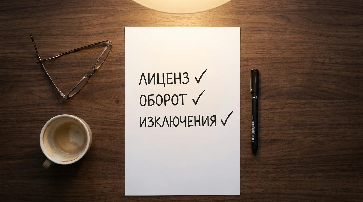Аналитик гледа към чек-лист с три точки — лиценз, абсолютен оборот, изключения