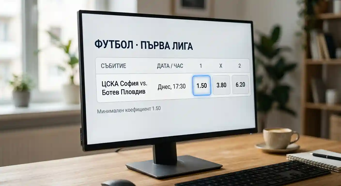 Дисплей с коефициенти за футболен мач — праг на минимума 1.50 за квалифициращ залог