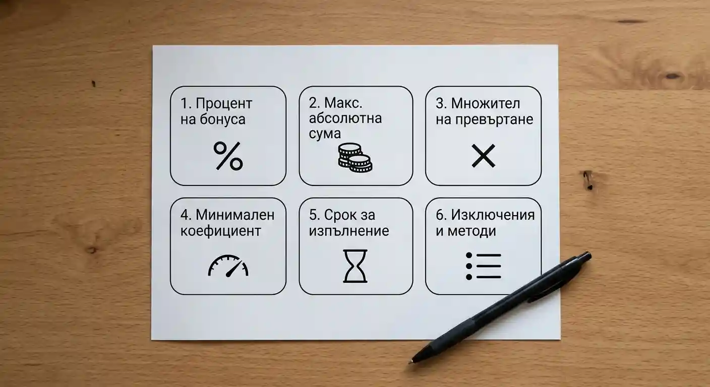 Шест критерия за оценка на начален бонус — процент, сума, превъртане, коефициент, срок и изключения